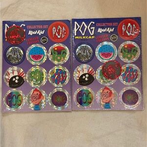 Two vintage 1995 Kool-Aid Pog Milkcap Collector Sets